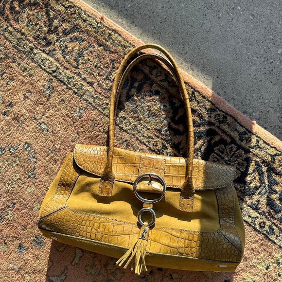 Adrienne Vittadini Women's Purse Yellow/Tan Suede Tortoise Shell Vintage Satchel - Picture 2 of 3